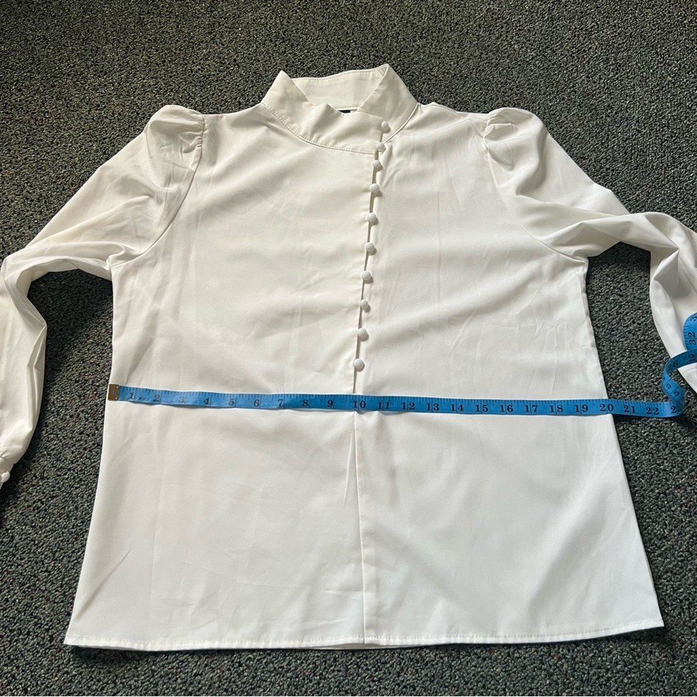 Off-White High Mock-Neck Long Sleeve Modest Asymmetrical Button Dow Shirt Blouse - Picture 13 of 16